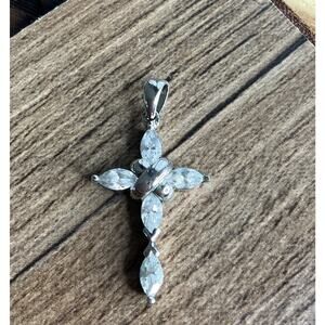 Sterling Silver Cross Pendant Clear CZ Marquise Cut Religious Jewerly